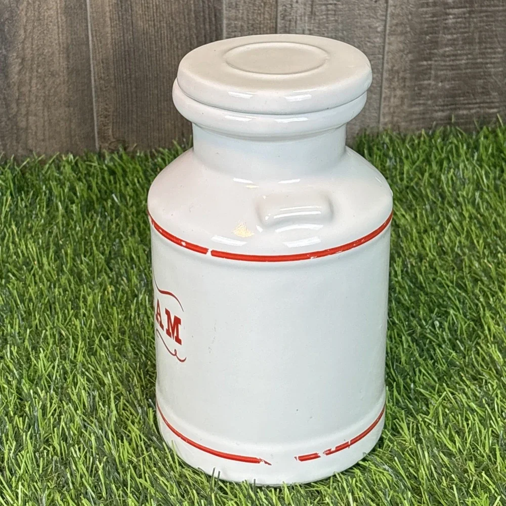 Vintage White‎ Ceramic Cream Canister Jar w Lid Red Lettering Farmhouse